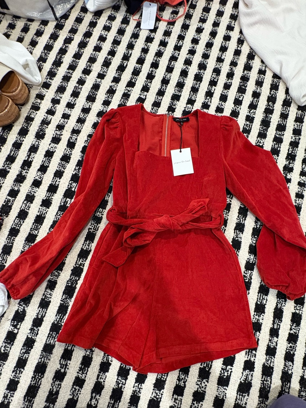 Jacqui E Red Corduroy Square Neck Romper